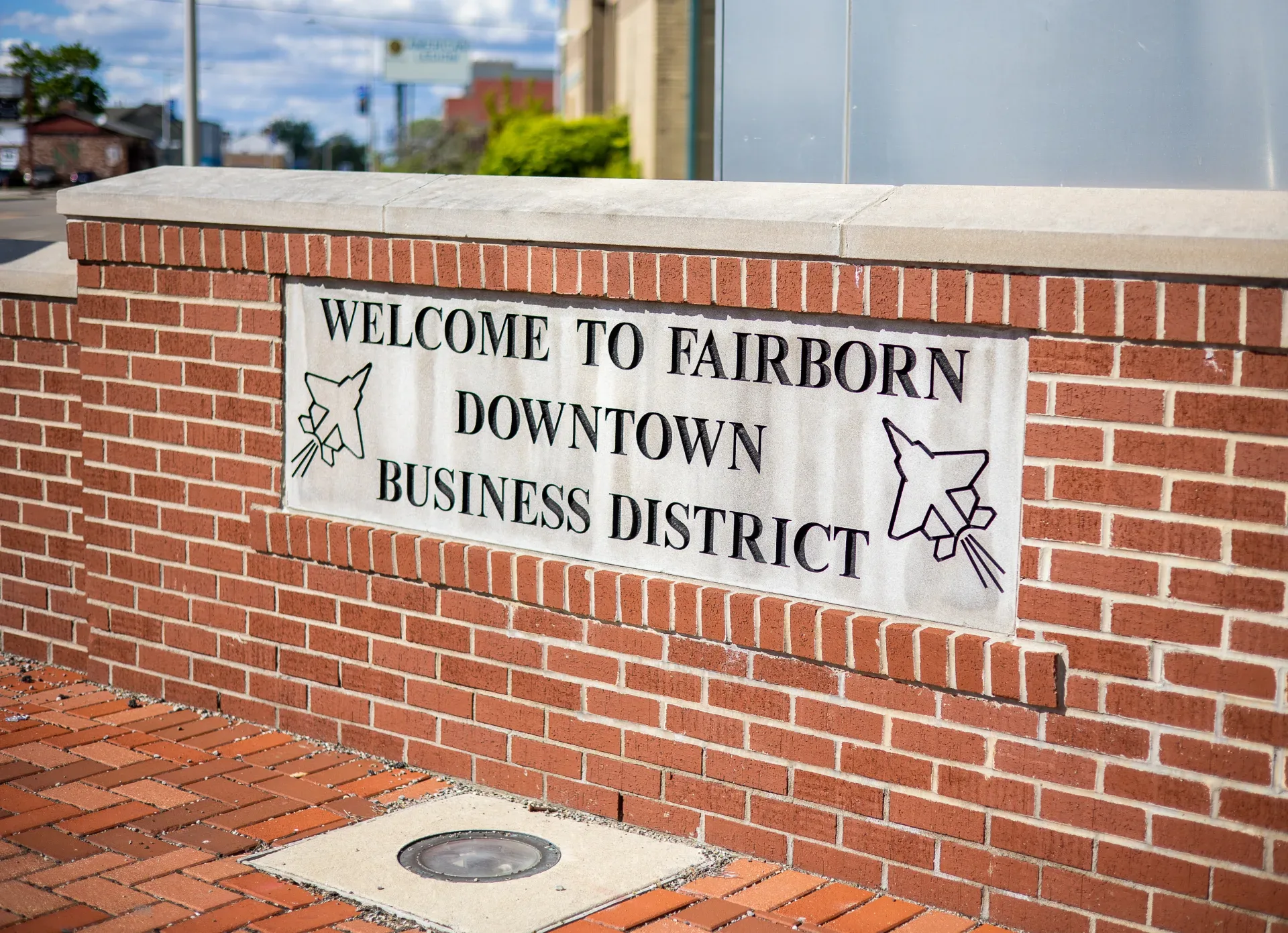 A Welcome to Fairborn Downtown Business District sign in Fairborn, Ohio