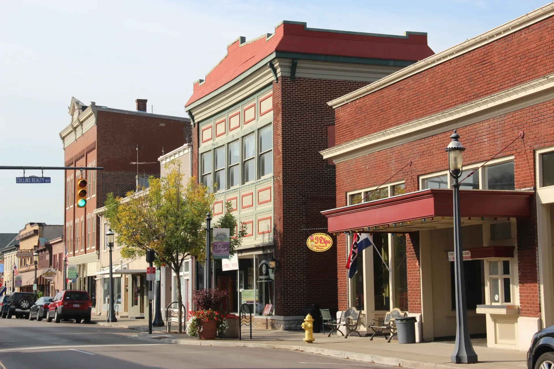 Historic storefronts on Main Street in downtown Miamisburg, Ohio