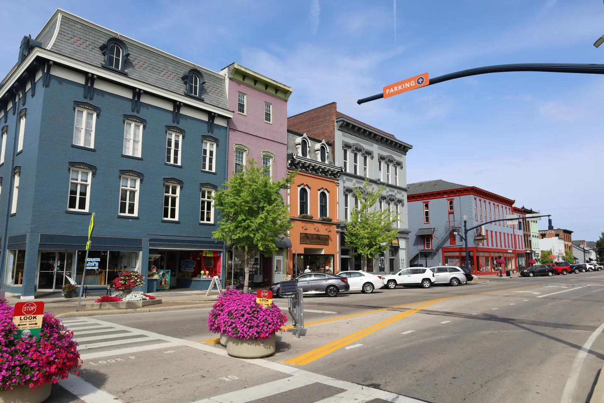 Colorful historic storefronts in downtown Troy, Ohio