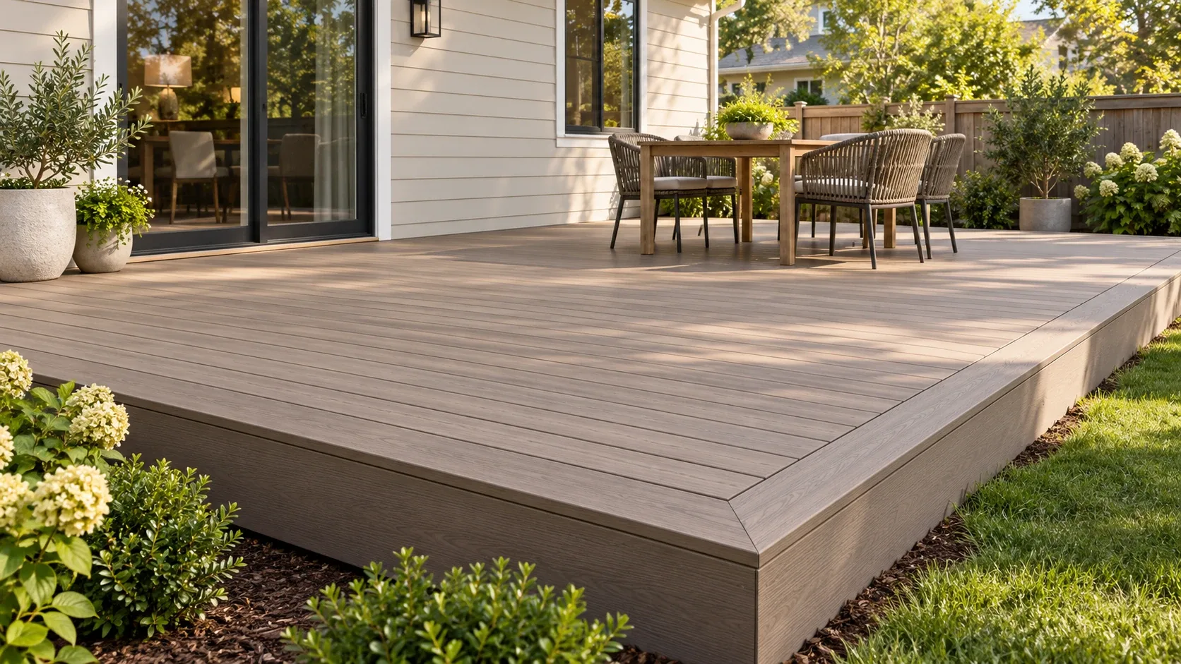 A close view of capped composite decking with embossed woodgrain, a contrasting picture frame border board and an aluminium railing post base, with no fasteners showing in the field