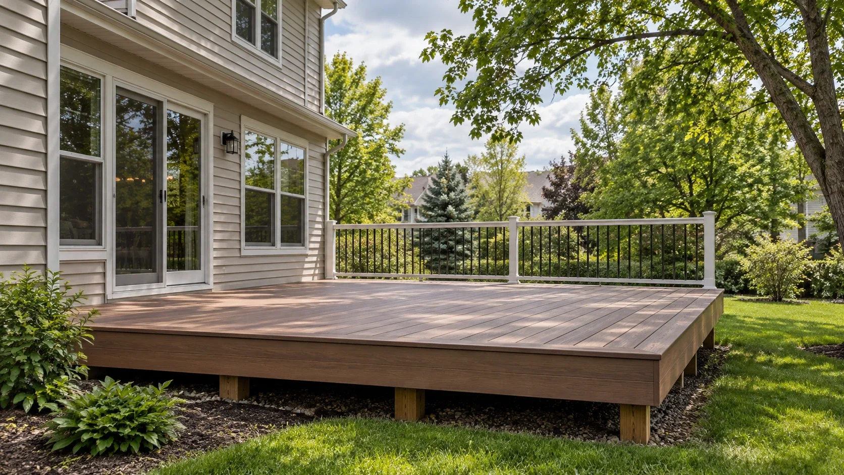 A raised composite deck with black railings seen from the lawn