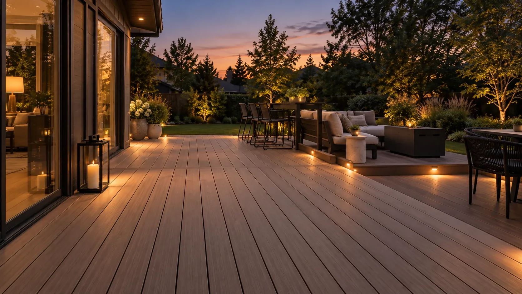 A composite deck at dusk with warm lights in the railing posts and stair risers