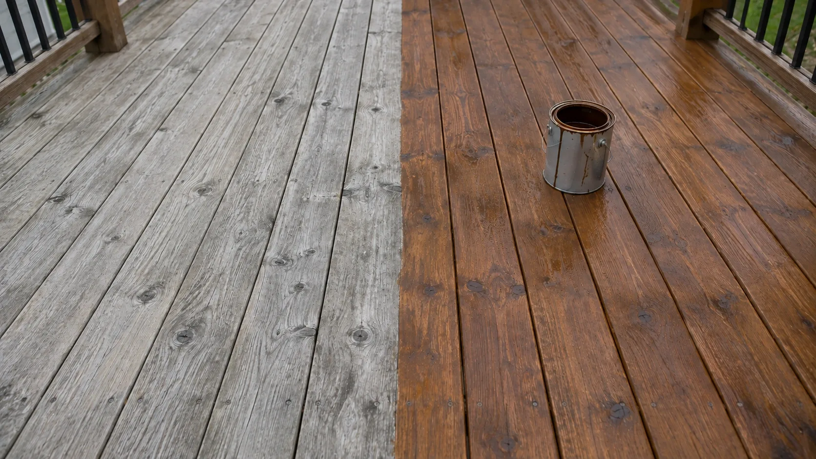 A close-up of a backyard wood deck half restored, weathered grey boards on one side and freshly stained rich brown boards on the other