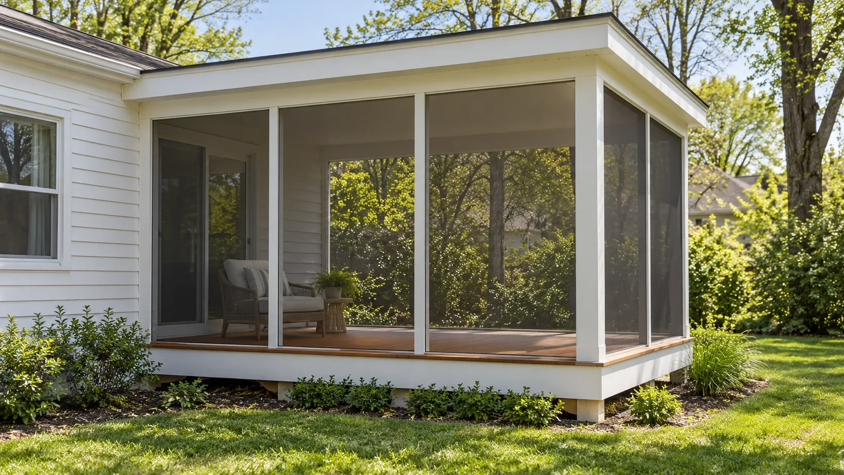 A covered porch with a stained tongue and groove ceiling, screened on one side