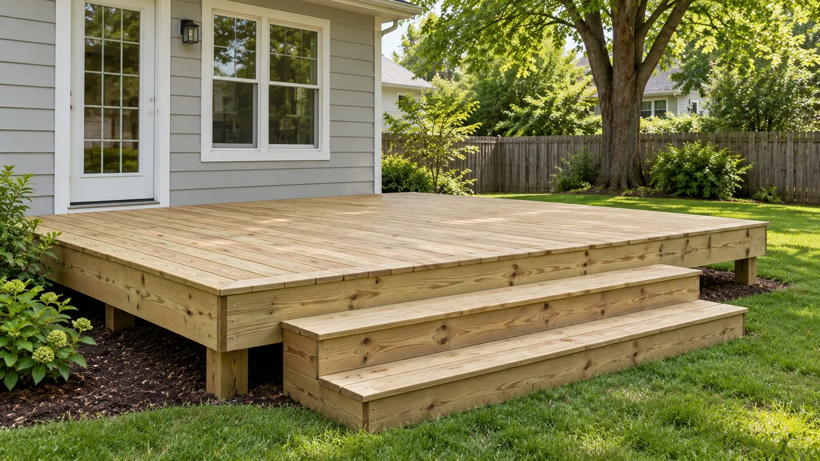 A stained cedar deck with a long built in bench