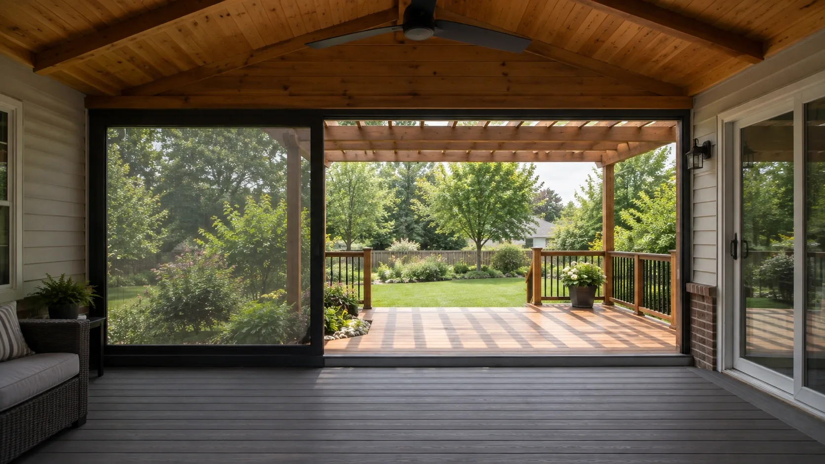 A covered porch with a stained tongue and groove ceiling and ceiling fan, screened on one side and open on the other to a pergola and lawn