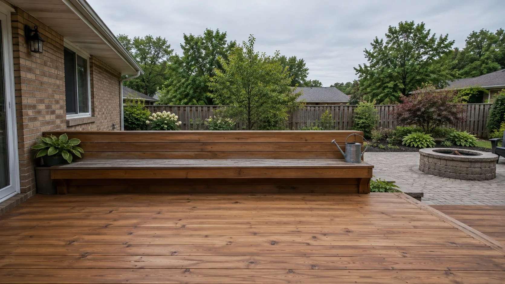 A stained cedar deck with a long built in bench, a brick ranch house behind and a paver patio with a stone fire pit alongside