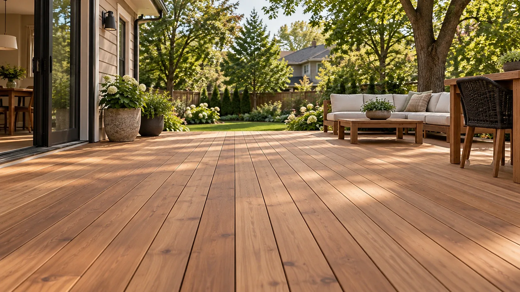 Warm red brown cedar decking meeting a darker tropical hardwood border board in low evening light