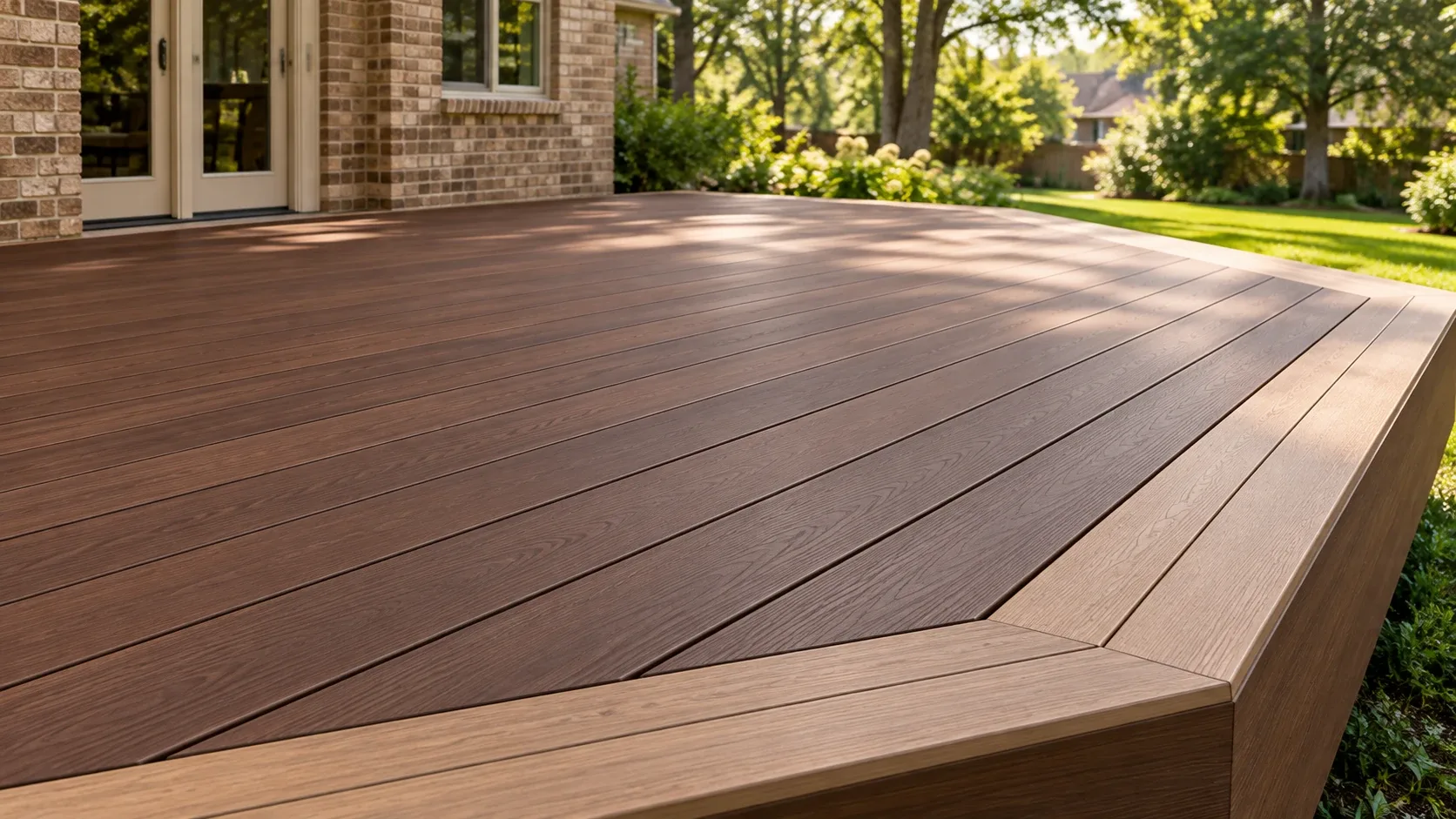 Raking evening light across capped composite decking, the embossed woodgrain catching the light, with fallen catkins and a leaf caught in one of the board gaps