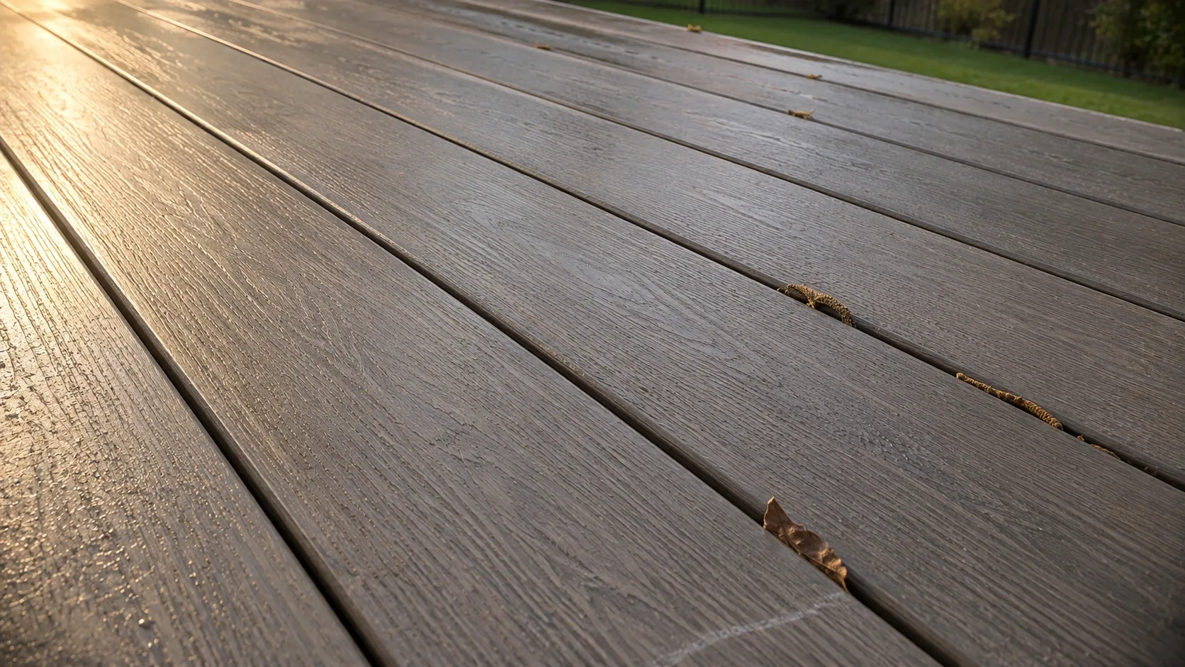 Raking evening light across capped composite decking, the embossed woodgrain catching the light, with fallen catkins and a leaf caught in one of the board gaps