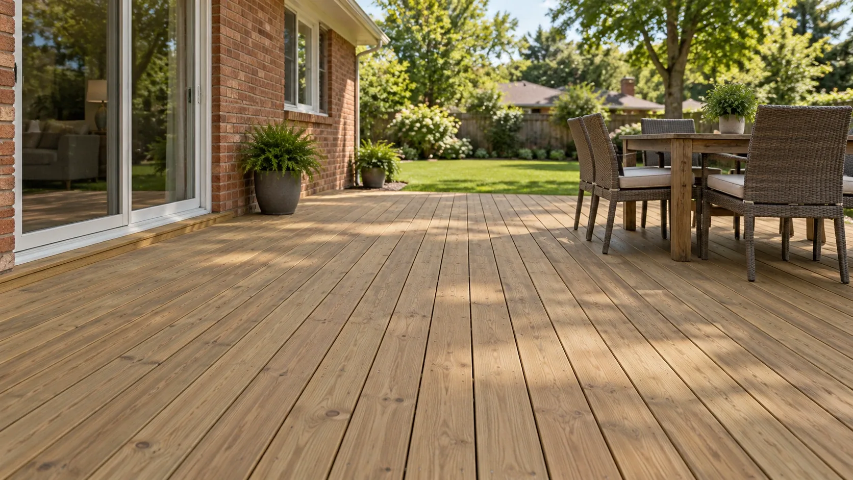 Freshly laid pressure treated pine decking with knots, a green treatment tint and rows of countersunk screw heads, a tape measure at the edge
