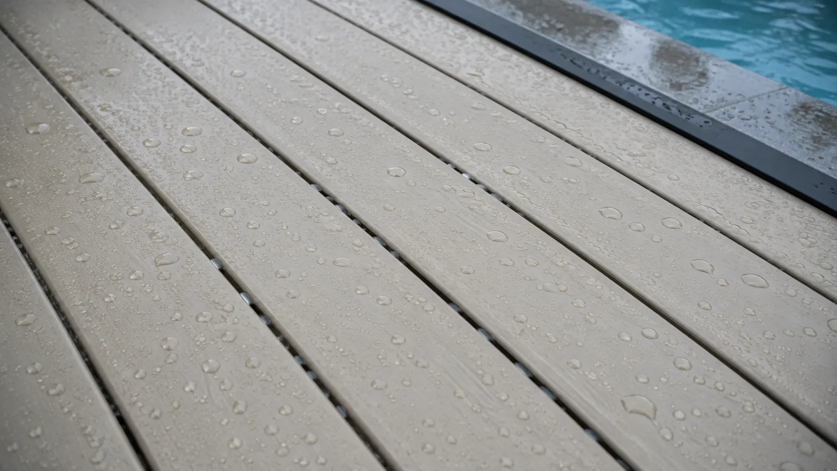 Rain beading on the surface of pale capped PVC decking rather than soaking in, with the edge of a swimming pool beyond