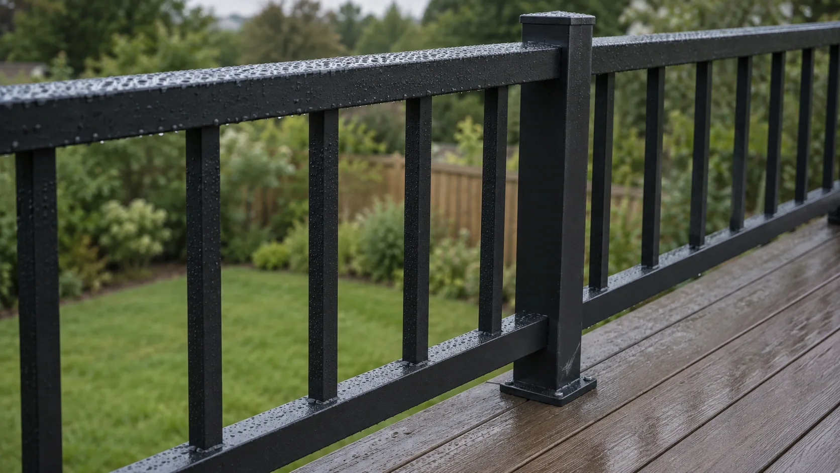 A matte black aluminium deck railing after rain, with evenly spaced square balusters and the post base plate seated on the decking