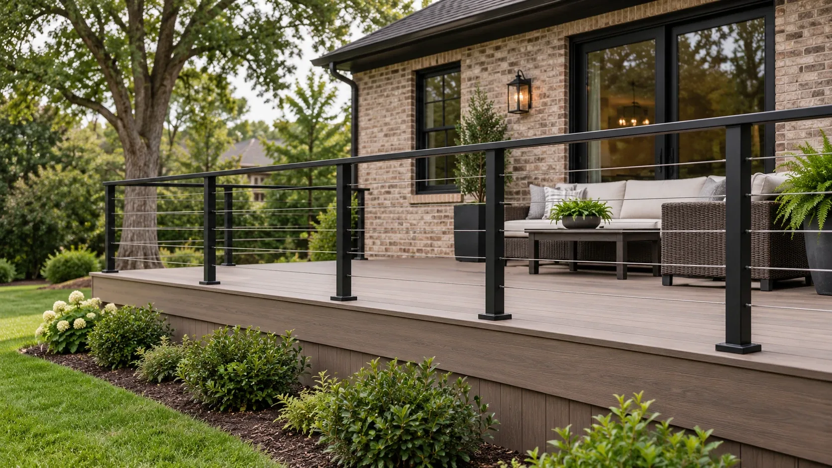 A matte black aluminium deck railing after rain, with evenly spaced square balusters and the post base plate seated on the decking