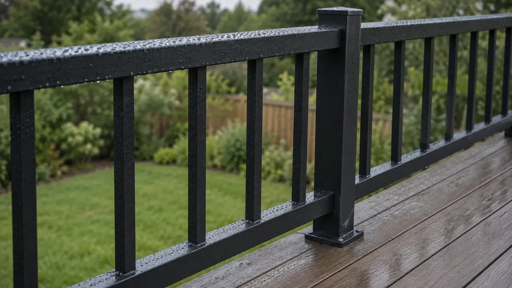 A black aluminium railing with square balusters fastened to a dark wood deck, lawn and trees behind it
